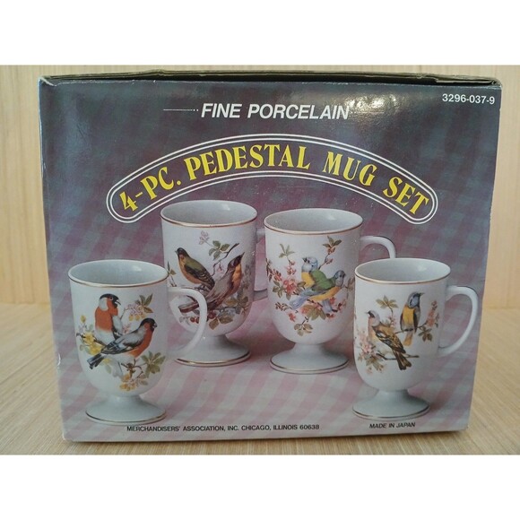 Fine Porcelain Birds Pedestal Mug Set 16 oz 4-Piece Made in Japan Vintage - Picture 16 of 16
